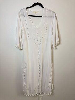 Solitaire Swim White Cover Up Dress Pom Pom Trim Boho Size S